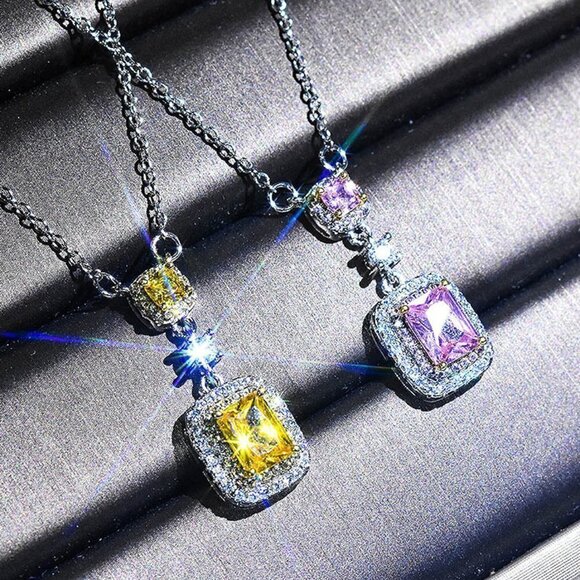 🍁 Bling Double Royal Yellow Zircon Silver Plated Necklace for Women, UNVN12412 - Picture 3 of 7